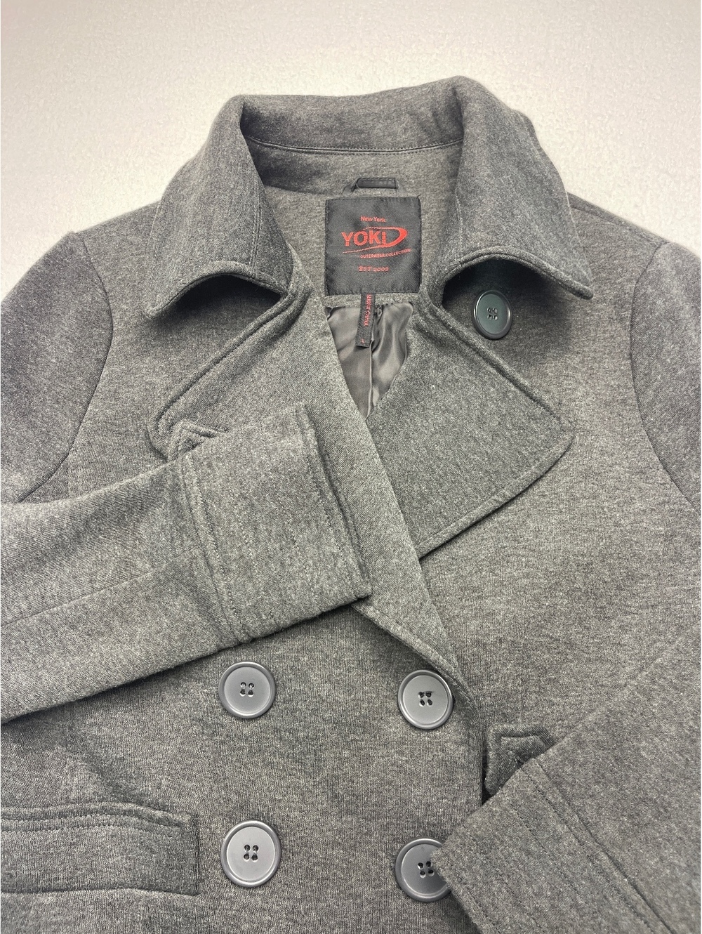 Yoki Women's Gray Double-Breasted Peacoat Jacket